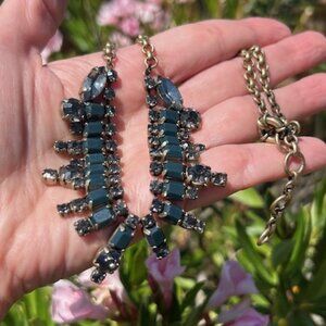 J. CREW Smoky Blue Grey Rhinestone Brass NECKLACE